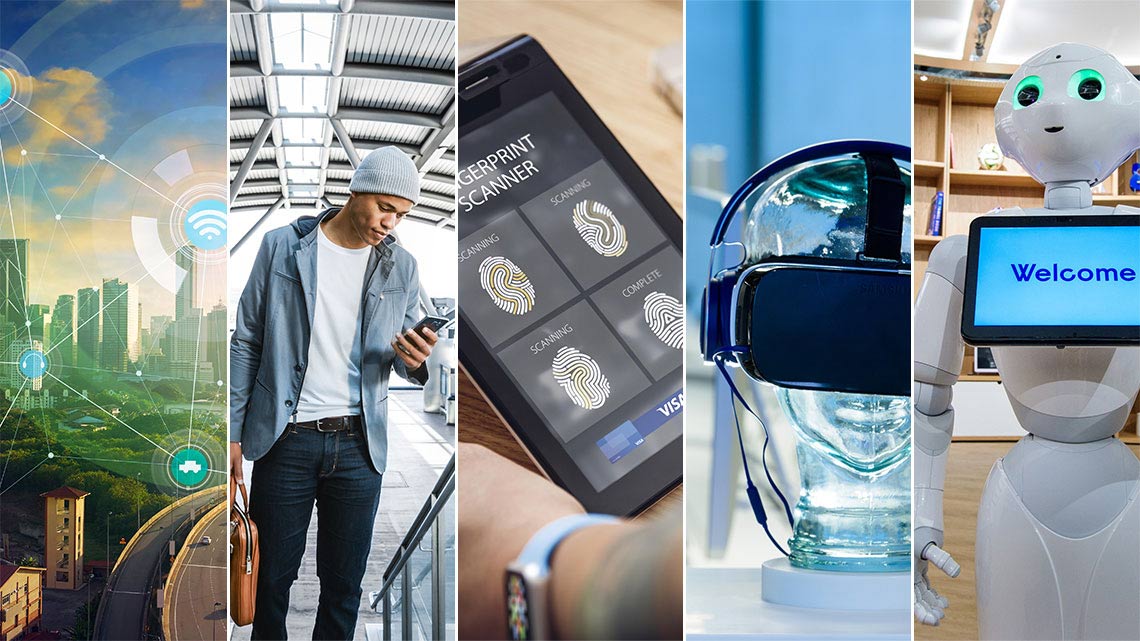mwc17-5-new-trends-1140x641 Composite: Internet of Things superimposed over cityscape, man using mobile phone, fingerprint display on mobile phone, virtual reality and robotics.